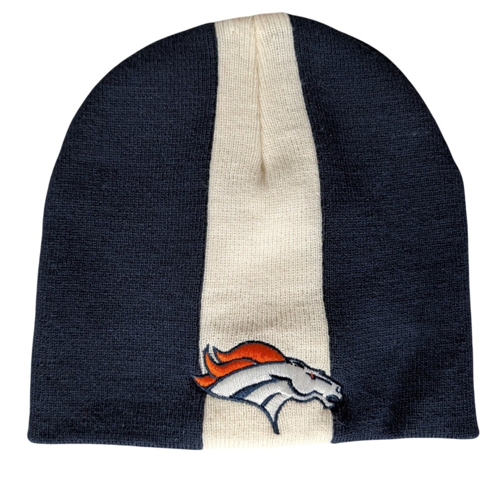 Denver Broncos NFL Beanie Knit Hat Navy‎ Blue White Stripe Embroidered Logo